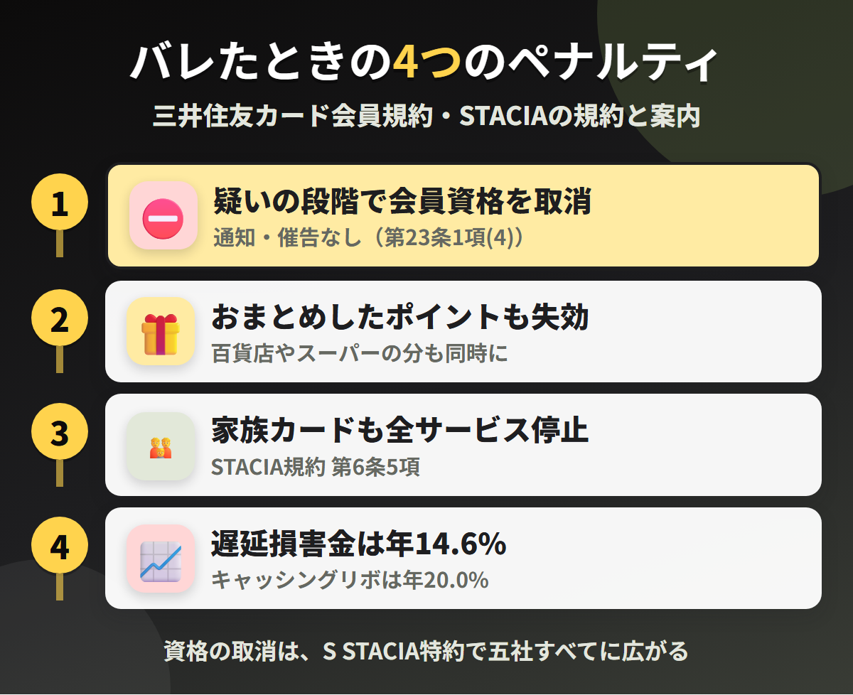 阪急阪神カードで現金化がバレたときの4つのペナルティ。会員資格の取消、おまとめしたポイントの失効、家族カードの全サービス停止、遅延損害金年14.6%