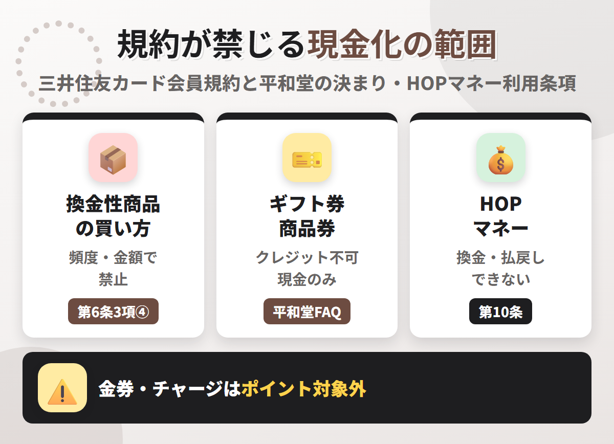平和堂HOPカードの規約が禁じる現金化の範囲。換金性商品を頻度や金額で買う使い方も禁止、平和堂の店ではギフト券にクレジットカードを使えず商品券は現金のみ、HOPマネーは換金できない