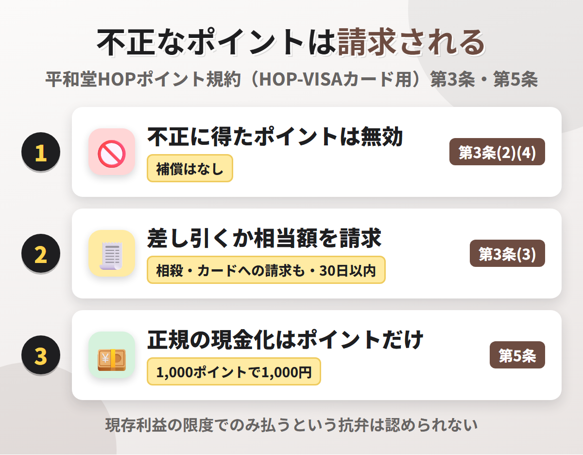 不正なポイントは請求される流れ。平和堂HOPポイント規約 第3条で不正に得たポイントは無効にされ、差し引くか相当額を請求され、相殺やカードへの請求もでき、正規に現金になるのは1,000ポイントで1,000円のキャッシュバックだけ