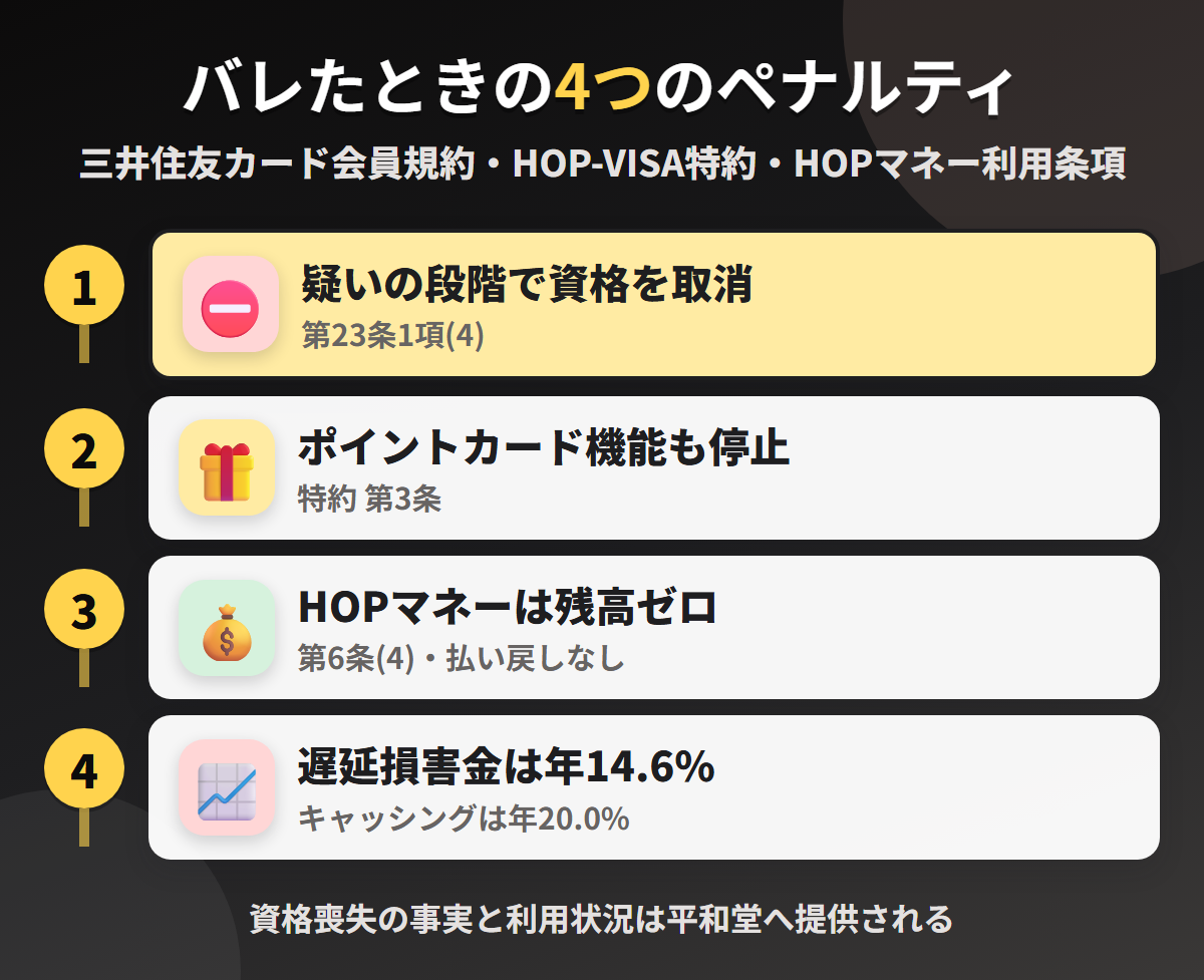 平和堂HOPカードで現金化がバレたときの4つのペナルティ。疑いの段階での資格取消、ポイントカード機能の停止、HOPマネーの残高ゼロ、遅延損害金年14.6%