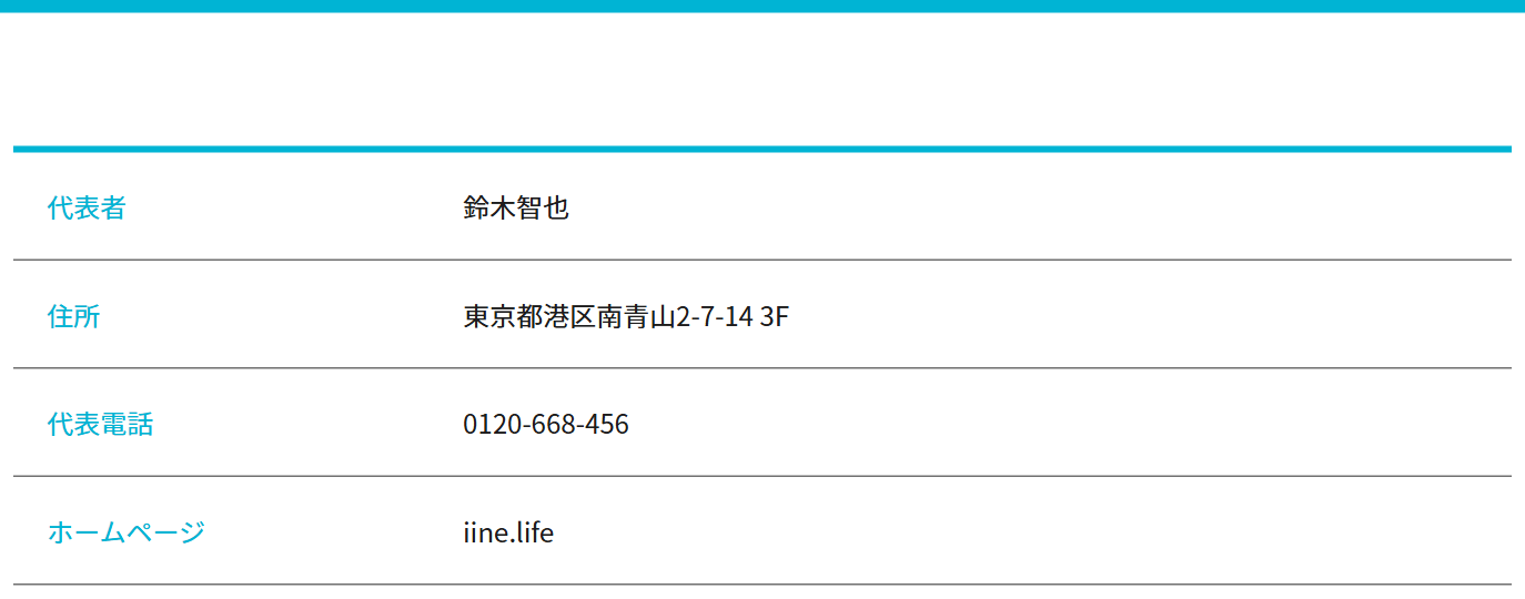 いいねクレジット公式サイトの運営者情報。代表者鈴木智也、住所東京都港区南青山2-7-14 3F、代表電話0120-668-456、ホームページiine.life