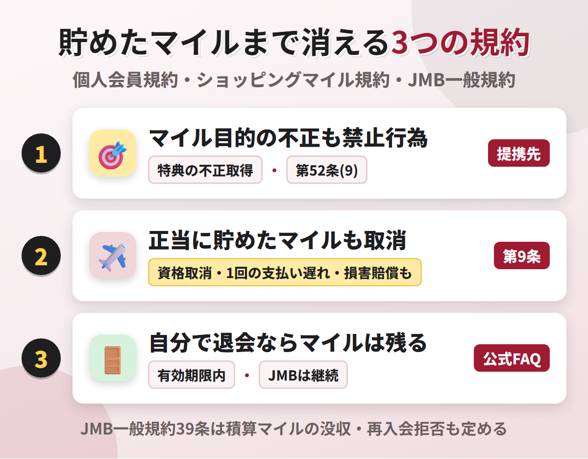 貯めたマイルまで消える3つの規約。マイル目的の不正も禁止行為、ショッピングマイル規約 第9条で正当に貯めたマイルも取消、自分で退会した場合はマイルが残る