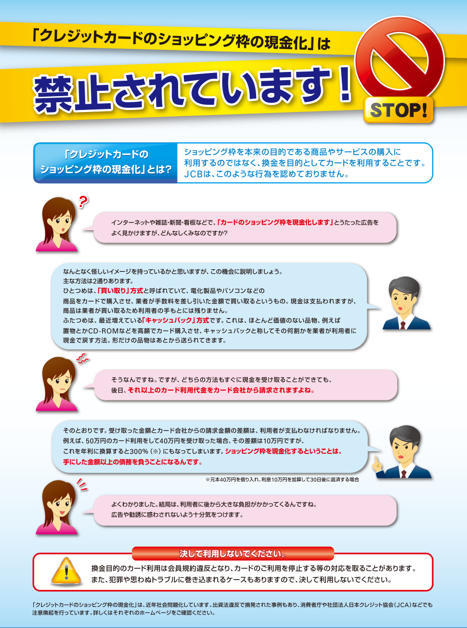 JCBの啓発資料。クレジットカードのショッピング枠の現金化は禁止されていますと大きく書かれ、買い取り方式とキャッシュバック方式、年利換算300%の計算を説明している