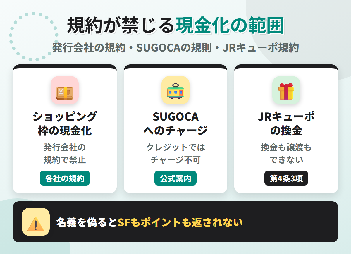 JQ CARDの規約が禁じる現金化の範囲。発行会社の規約による現金化の禁止、SUGOCAはクレジットでチャージできず現金のみ、JRキューポは換金も譲渡もできない