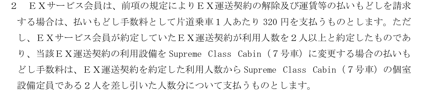 EXサービス運送約款 第18条2項。EX運送契約の解除及び運賃等の払いもどしを請求する場合は、払いもどし手数料として片道乗車1人あたり320円を支払うと定めている