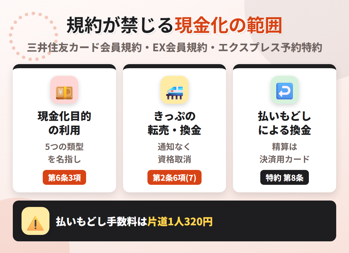 JR東海エクスプレス・カードの規約が禁じる現金化の範囲。第6条3項の5類型、EX会員規約 第2条6項のきっぷの営利目的の転売・換金による資格取消、払いもどしは決済用カードで精算され手数料は片道1人320円