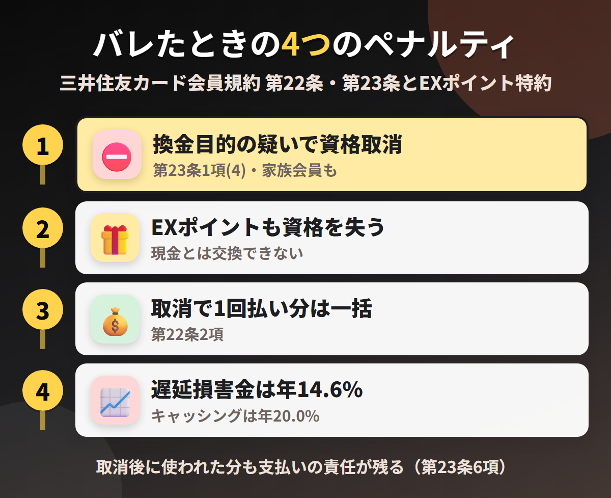 JR東海エクスプレス・カードで現金化がバレたときの4つのペナルティ。換金目的の疑いによる資格取消と家族会員への波及、EXポイントの資格喪失、1回払い分の当然一括、遅延損害金年14.6%