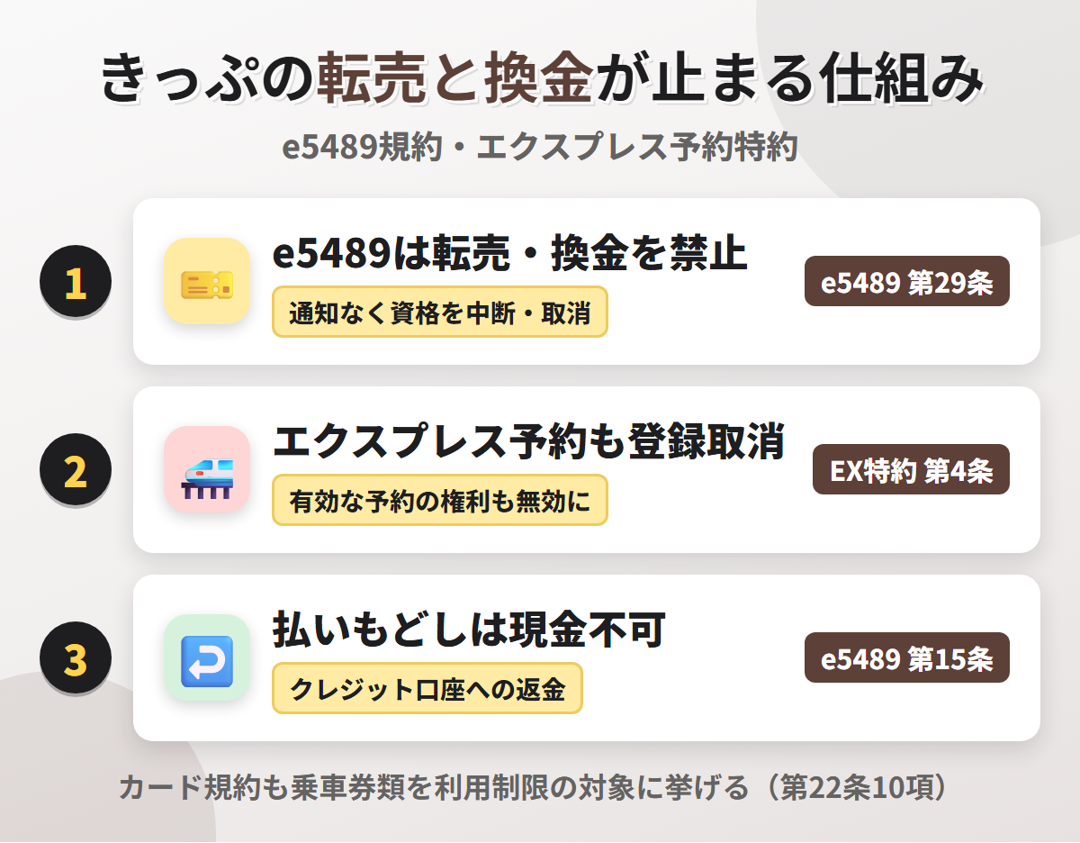 きっぷの転売と換金が止まる仕組み。e5489は営利目的の転売・換金を禁じて資格を取消でき、エクスプレス予約も登録を取り消して有効な予約の権利も無効にし、クレジット払いの払いもどしは現金にならない