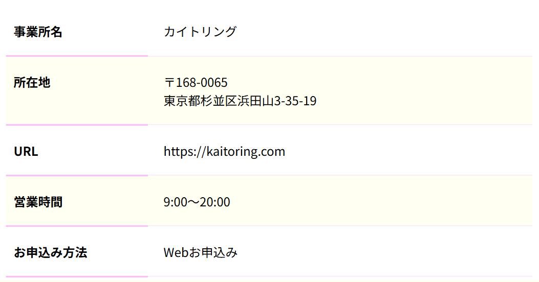 カイトリング公式サイトの会社概要。事業所名カイトリング、所在地東京都杉並区浜田山3-35-19、営業時間9時〜20時、申込方法はWeb申込み