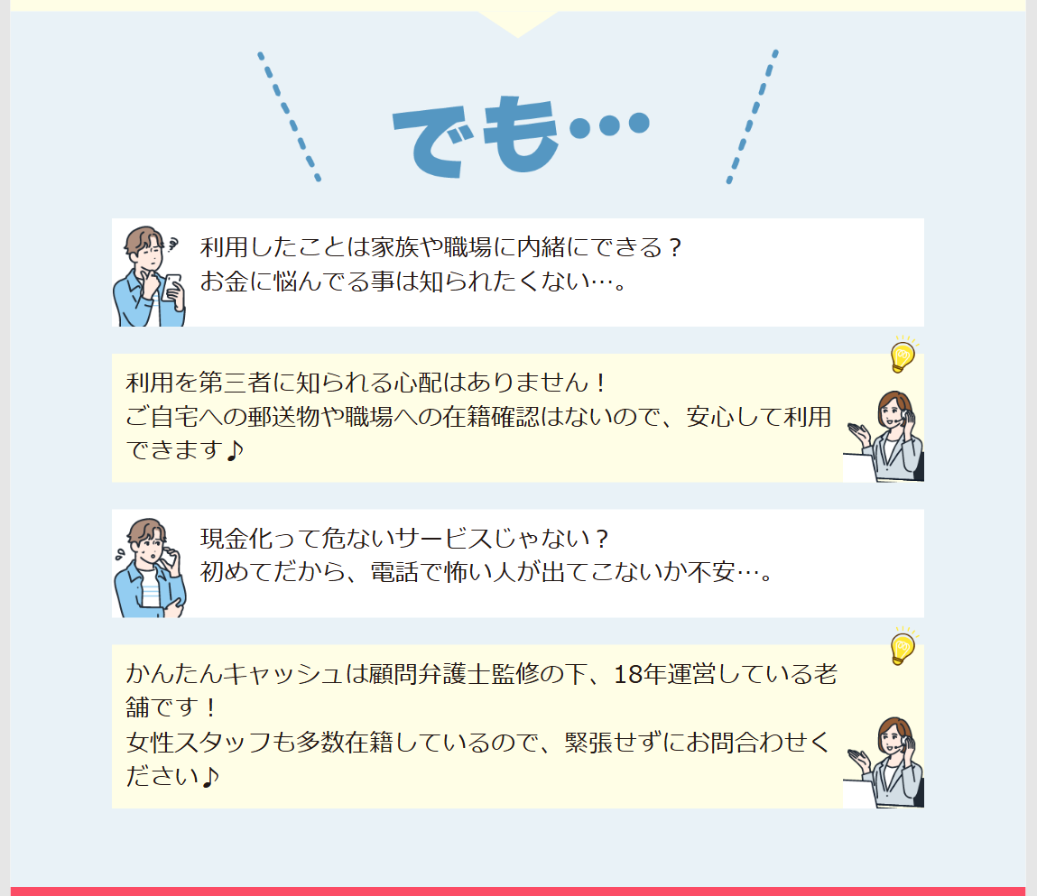 かんたんキャッシュ公式サイトの説明。利用を第三者に知られる心配はなく郵送物や在籍確認なし、顧問弁護士監修の下で18年運営している老舗、女性スタッフも多数在籍という記載