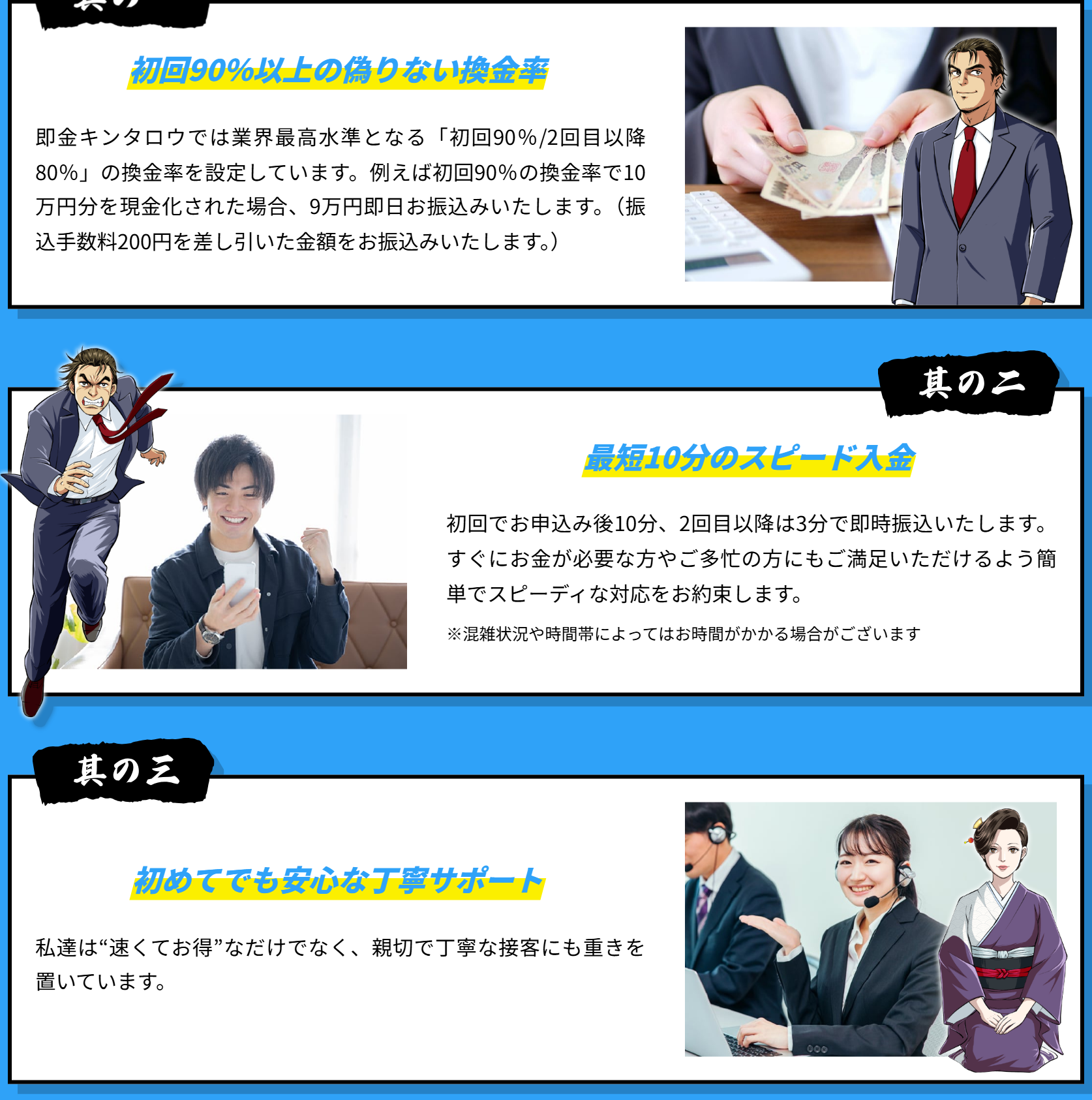 即金キンタロウ公式サイトの3つの誠実宣言。其の一 初回90%以上の偽りない換金率(初回90%・2回目以降80%、10万円分なら9万円を即日振込で振込手数料200円を差し引いた金額)、其の二 最短10分のスピード入金(初回は申込後10分・2回目以降は3分で即時振込、混雑状況や時間帯で時間がかかる場合あり)、其の三 初めてでも安心な丁寧サポート