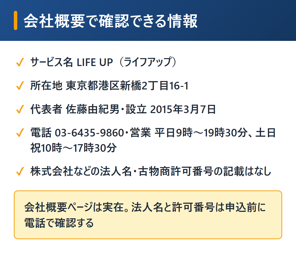 ライフアップ(LIFE UP)の運営会社情報を図解。所在地は東京都港区新橋、代表者、2015年3月設立、電話番号、営業時間、法人名の記載はなし