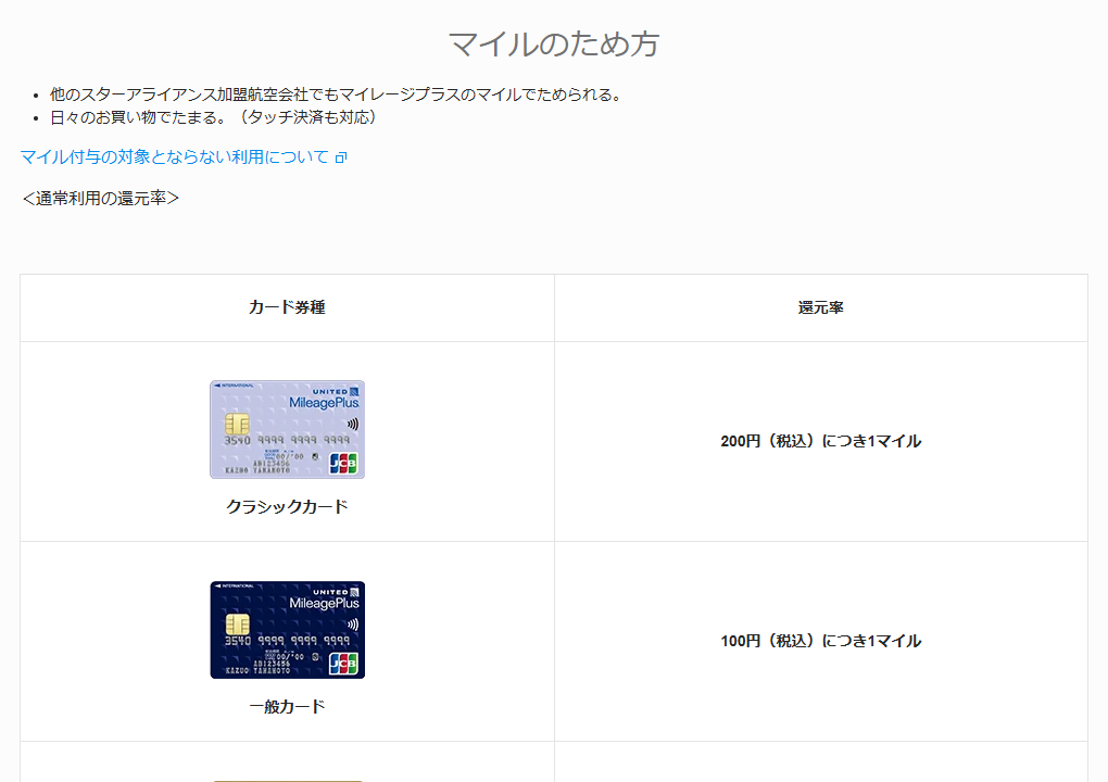 JCBのMileagePlus JCBカードのページのカードのご案内（続き）