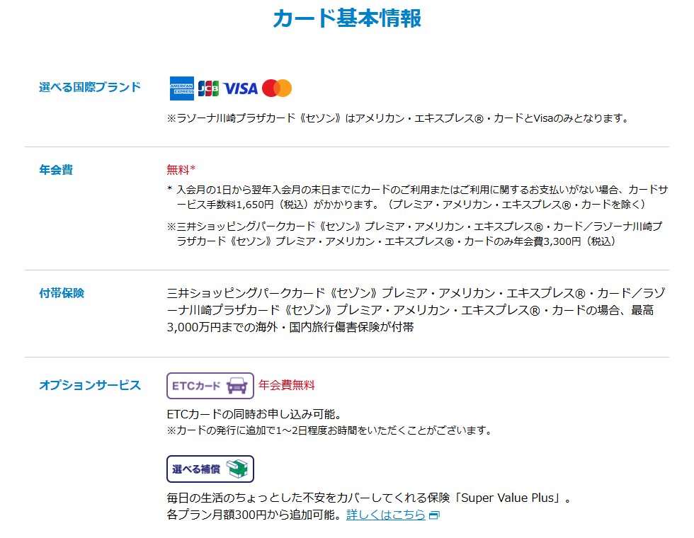 三井ショッピングパークカード《セゾン》のページの基本情報。年会費などを記載している