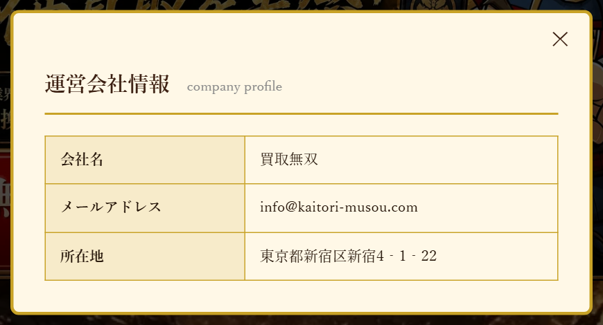 買取無双公式サイトの運営会社情報。会社名は買取無双、メールアドレスinfo@kaitori-musou.com、所在地は東京都新宿区新宿4-1-22