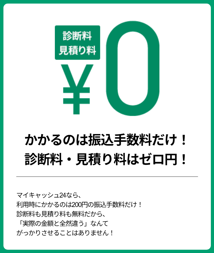 マイキャッシュ24公式サイトの掲示。かかるのは振込手数料だけ、診断料・見積り料はゼロ円、利用時にかかるのは200円の振込手数料だけという説明