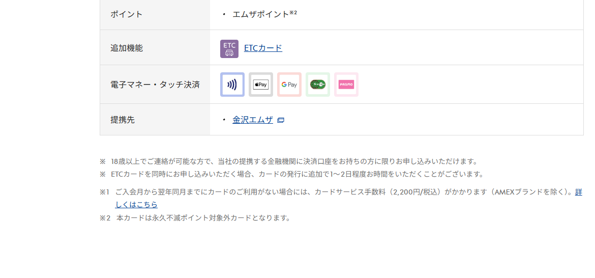 エムザセゾンカードのページの基本情報（ポイント・提携先）