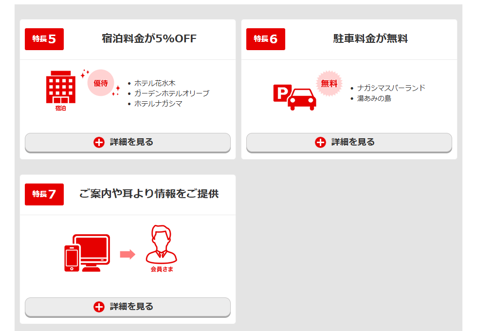 ナガシマリゾートメンバーズクラブカードのページのカードの特長（宿泊・駐車場）