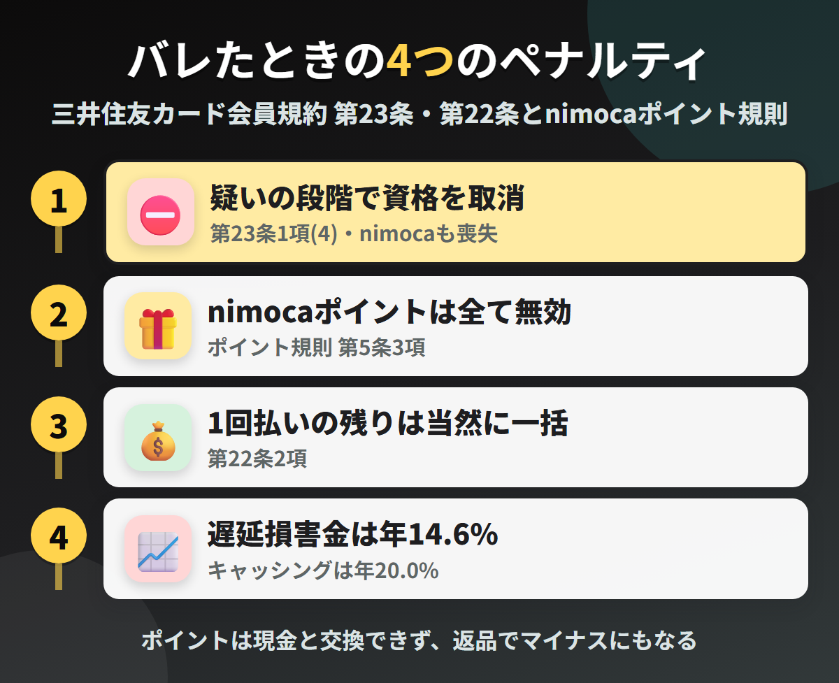 西鉄カードで現金化がバレたときの4つのペナルティ。疑いの段階での資格の取消、nimocaポイントの全て無効、1回払いの残りの当然一括、遅延損害金年14.6%