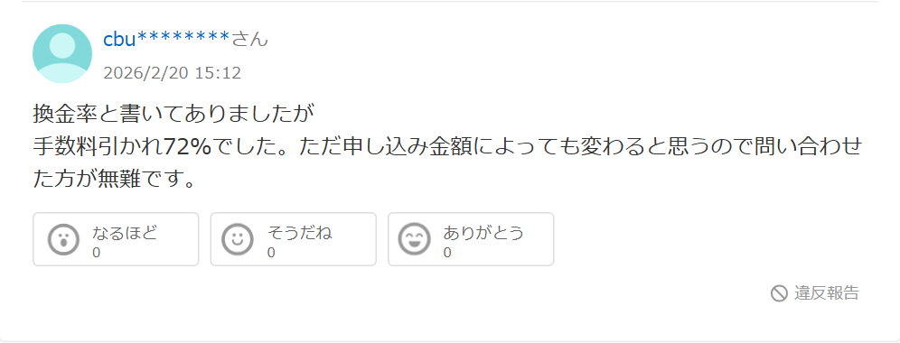 Yahoo!知恵袋のナンバーワンキャッシュに関する回答。換金率と書いてあったが手数料を引かれて72%だった、申込金額によって変わるので問い合わせた方が無難という内容