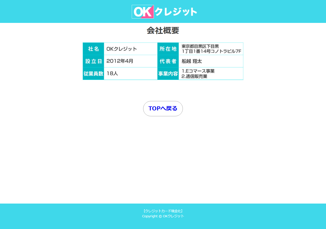 OKクレジット公式サイトの会社概要。社名、東京都目黒区の所在地、2012年4月設立、代表者、従業員数、事業内容