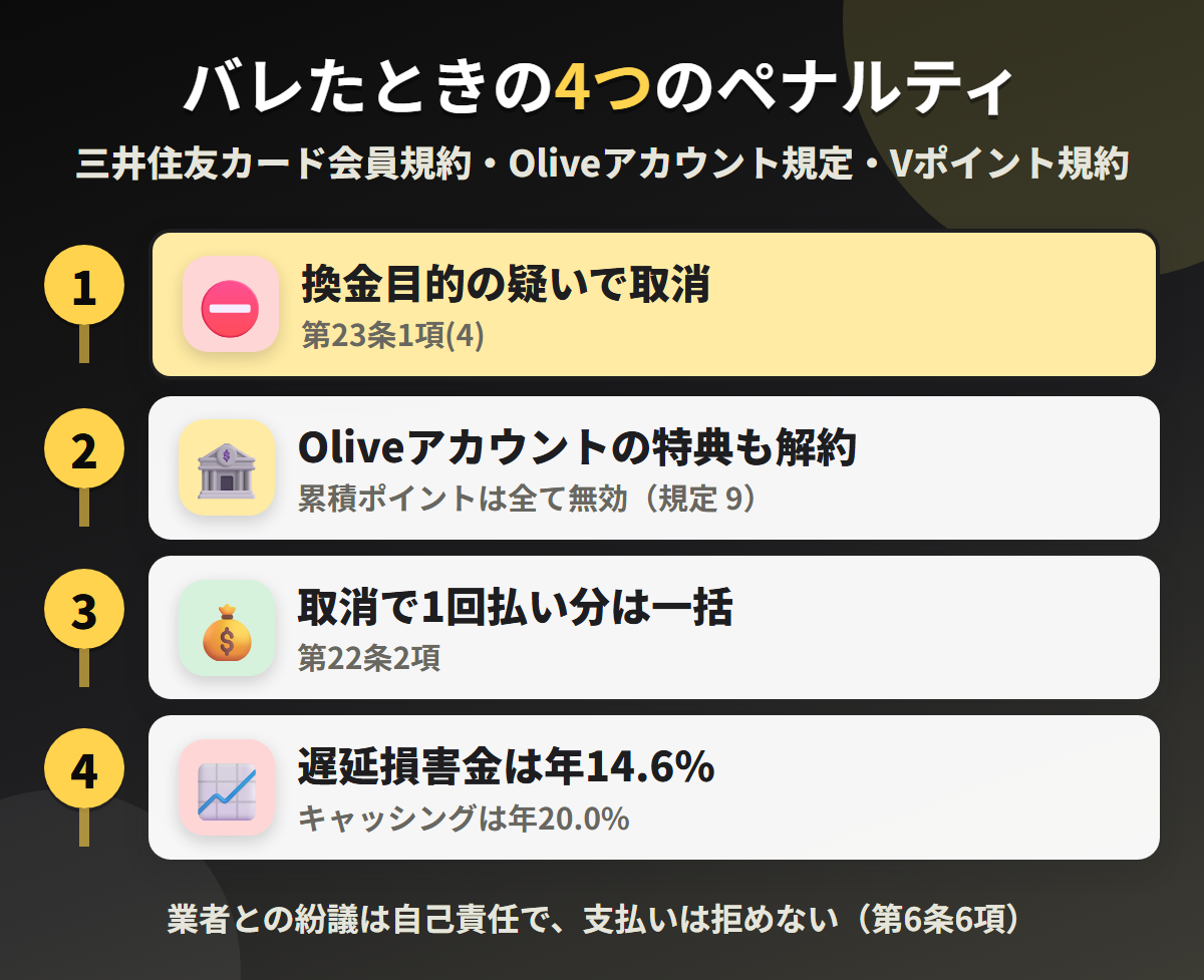 Oliveで現金化がバレたときの4つのペナルティ。換金目的の疑いによる資格取消、Oliveアカウントの解約と累積ポイントの無効、1回払い分の当然一括、遅延損害金年14.6%