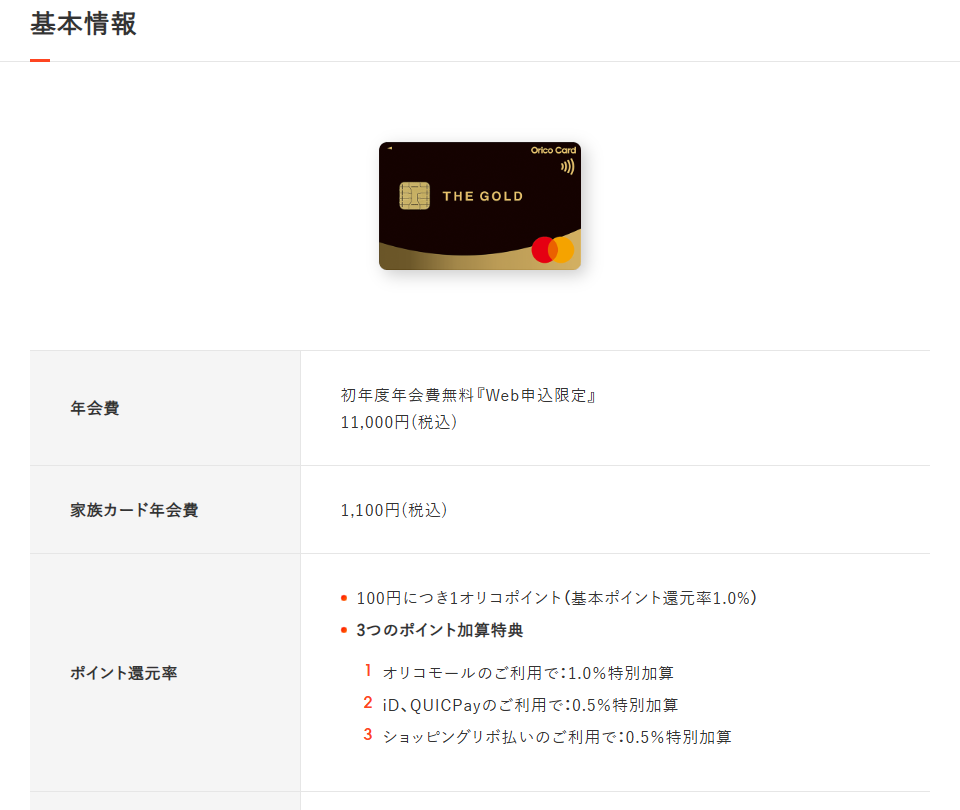 Orico Card THE GOLD PRIMEの基本情報（年会費・ポイント還元率）