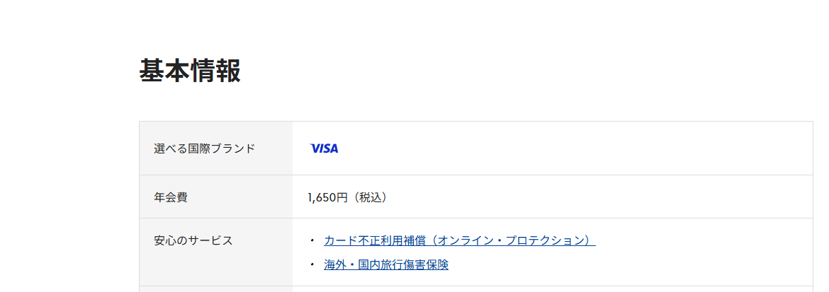 PADIカードセゾンのページの基本情報。年会費などを記載している