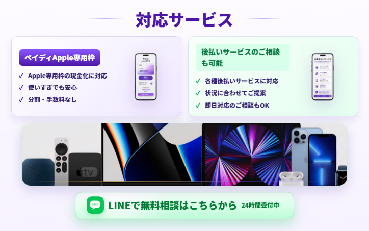 ペイフル公式サイトの対応サービス。ペイディApple専用枠の現金化に対応、分割・手数料なし、後払いサービスの相談も可能で即日対応の相談もOK