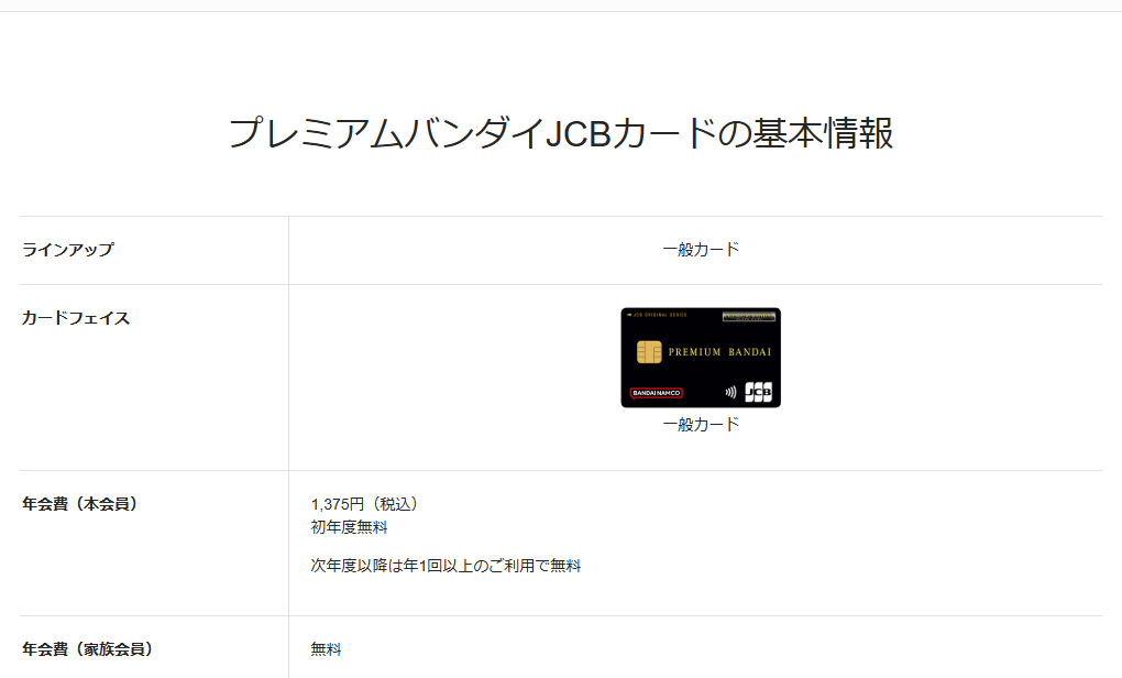 JCBのプレミアムバンダイJCBカードのページの基本情報。年会費などを記載している