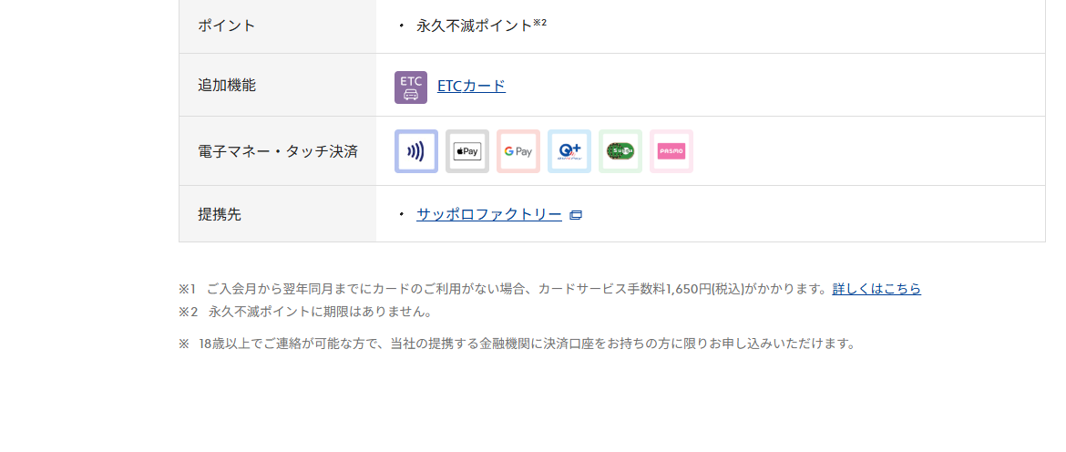 サッポロファクトリーカードセゾンのページの基本情報（ポイント・提携先）