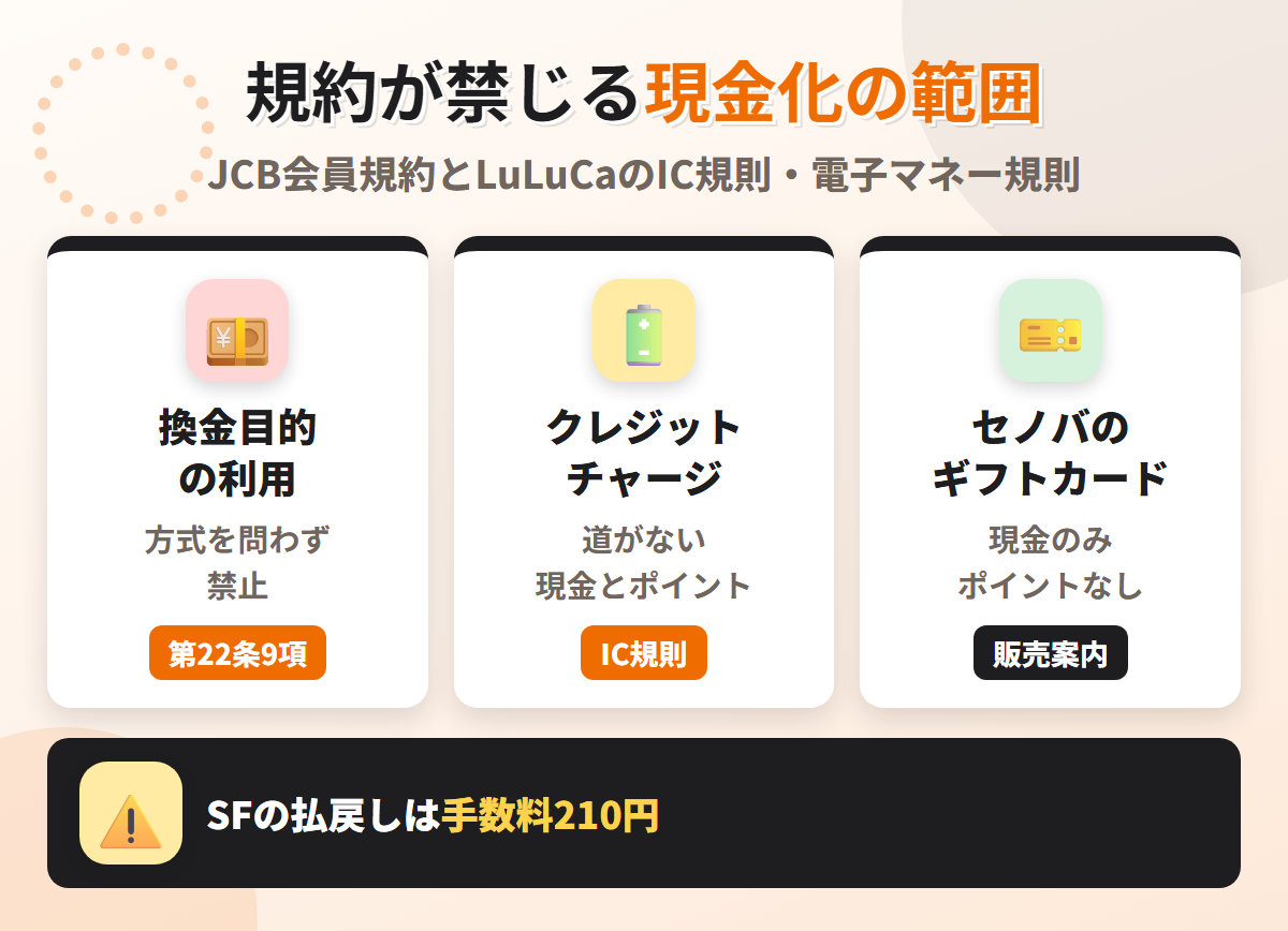 しずてつLuLuCaの規約が禁じる現金化の範囲。換金目的の利用は方式を問わず禁止、LuLuCaにはクレジットからチャージする道がなく、新静岡セノバのVJAギフトカードは現金のみ