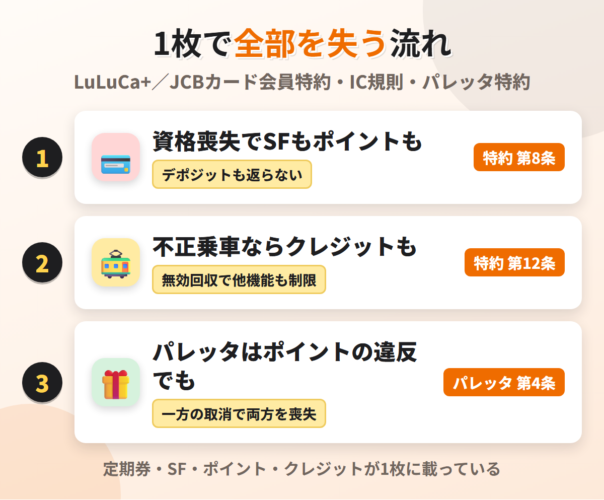 1枚で全部を失う流れ。LuLuCaプラスは資格を失えばデポジットは返らずSFとポイントは一切使えず、不正乗車などで無効回収されればクレジットの資格も失い、パレッタはポイント規約の違反でも資格を失う