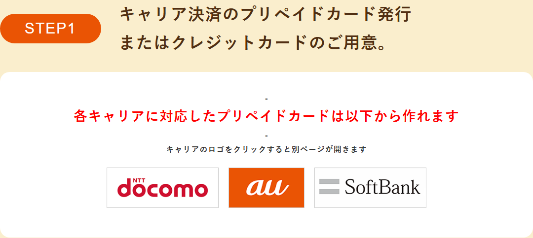 スマート現金化公式サイトのご利用の流れSTEP1。キャリア決済のプリペイドカード発行またはクレジットカードの用意、docomo・au・SoftBankのプリペイドカード案内