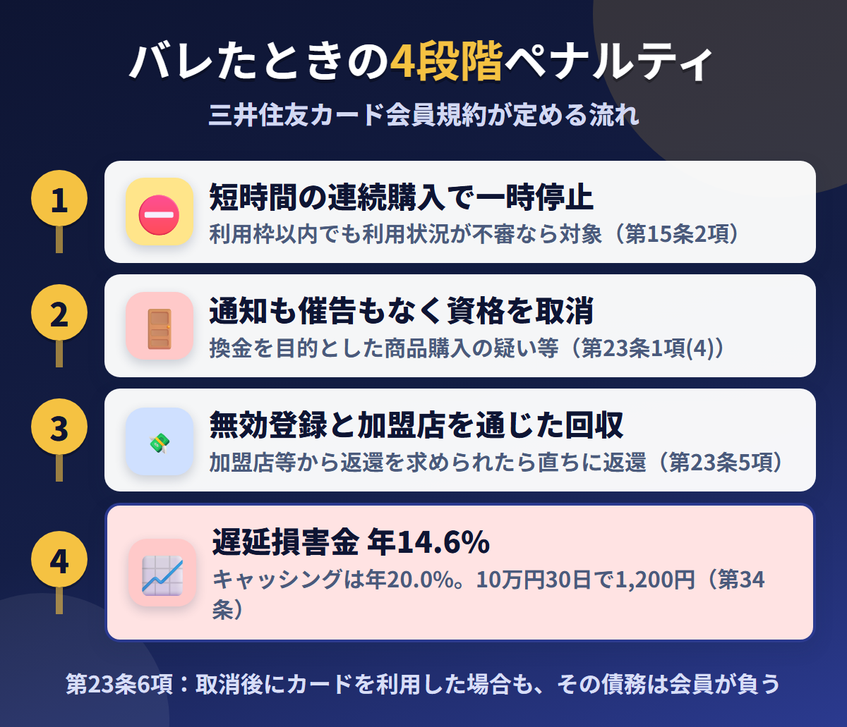 三井住友カードで現金化がバレたときの4段階ペナルティ。短時間の連続購入で一時停止、通知も催告もない資格取消、無効登録と加盟店を通じた回収、遅延損害金年14.6%