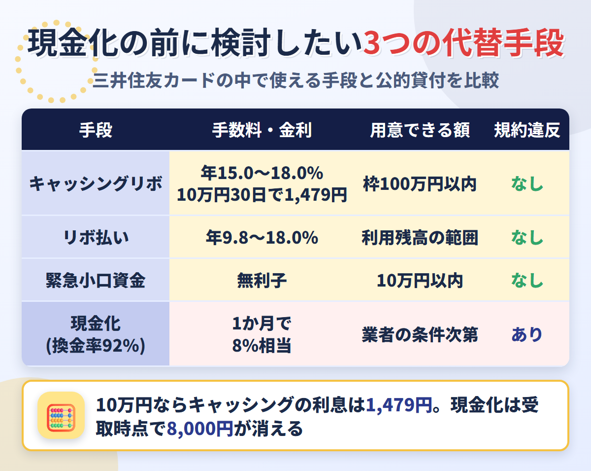 現金化の代替手段の比較表。キャッシングリボは年15.0〜18.0%で10万円30日なら1,479円、リボ払いは年9.8〜18.0%、緊急小口資金は無利子
