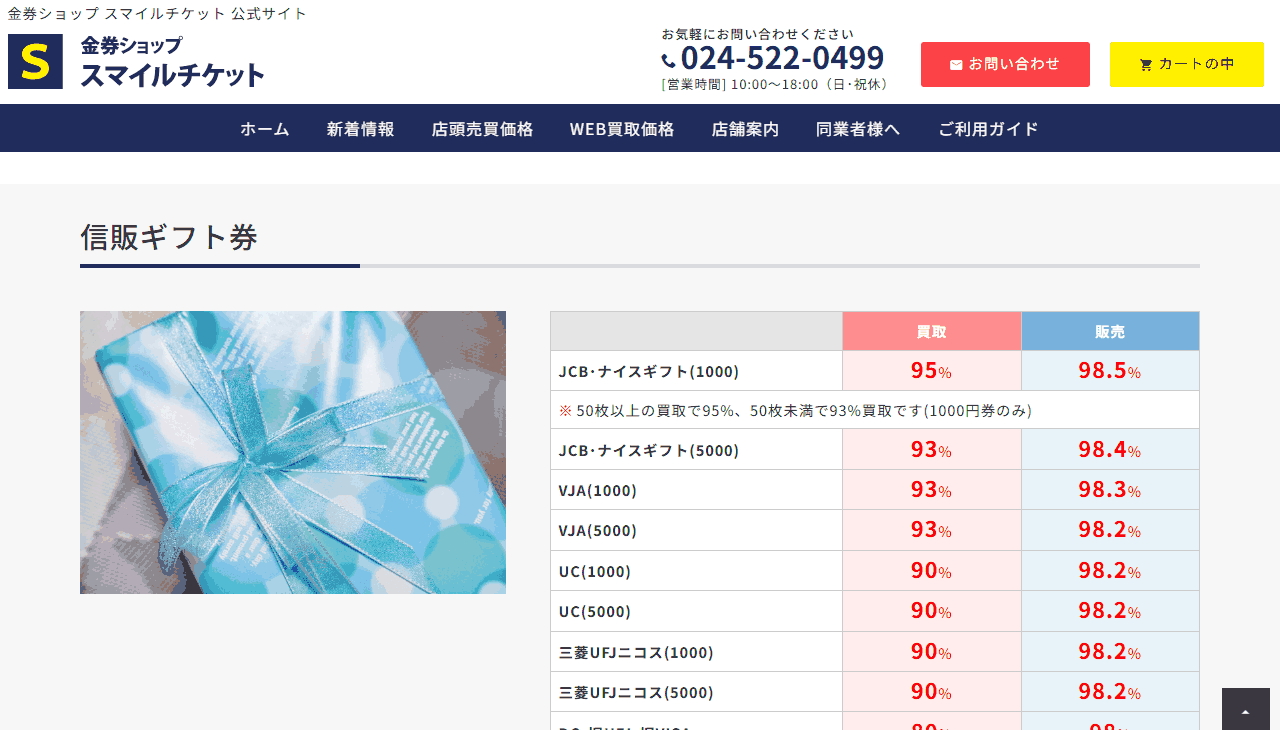 スマイルチケットの公式サイトの信販ギフト券の店頭売買価格