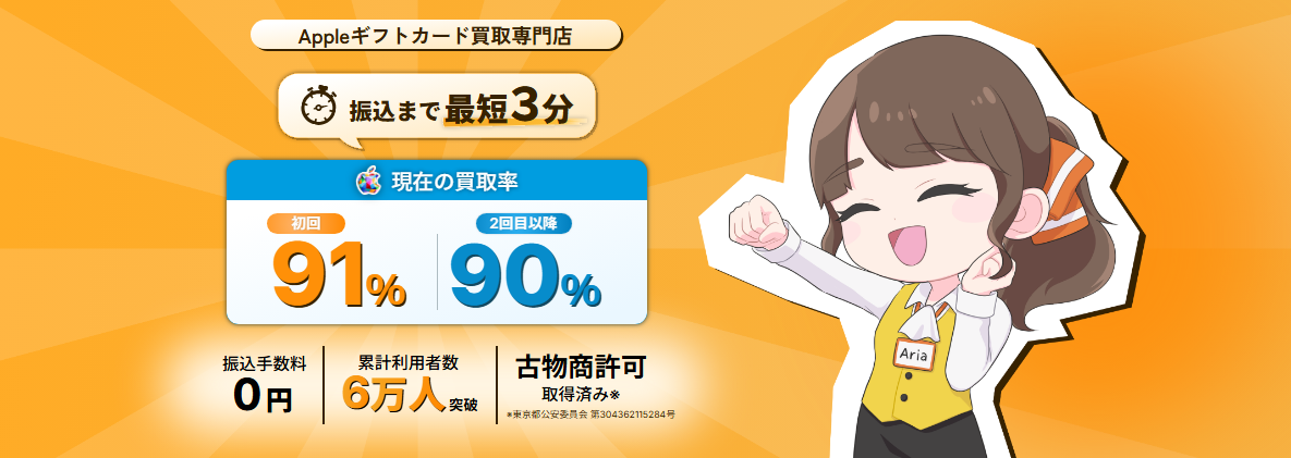 即日アリアちゃん公式サイトの上部。Appleギフトカード買取専門店、振込まで最短3分、現在の買取率は初回91%・2回目以降90%、振込手数料0円、累計利用者数6万人突破、古物商許可取得済み