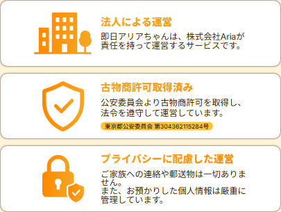 即日アリアちゃん公式サイトの選ばれる理由。法人による運営(株式会社Aria)、古物商許可取得済み(東京都公安委員会第304362115284号)、プライバシーに配慮した運営(家族への連絡や郵送物なし)