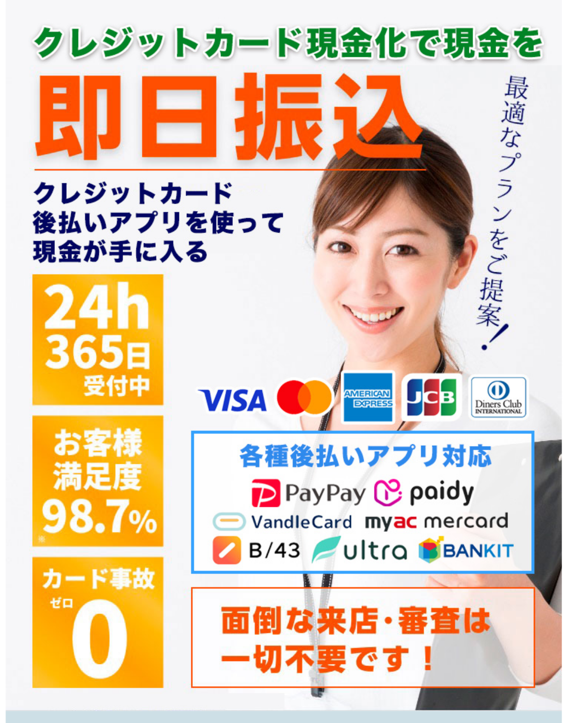 スピードワン公式サイトの上部。クレジットカード現金化で現金を即日振込、クレジットカード・後払いアプリを使って現金が手に入る、24h365日受付中、お客様満足度98.7%、カード事故0、各種後払いアプリ対応(PayPay・paidy・VandleCard・myac・mercard・B/43・ultra・BANKIT)、面倒な来店・審査は一切不要の表示