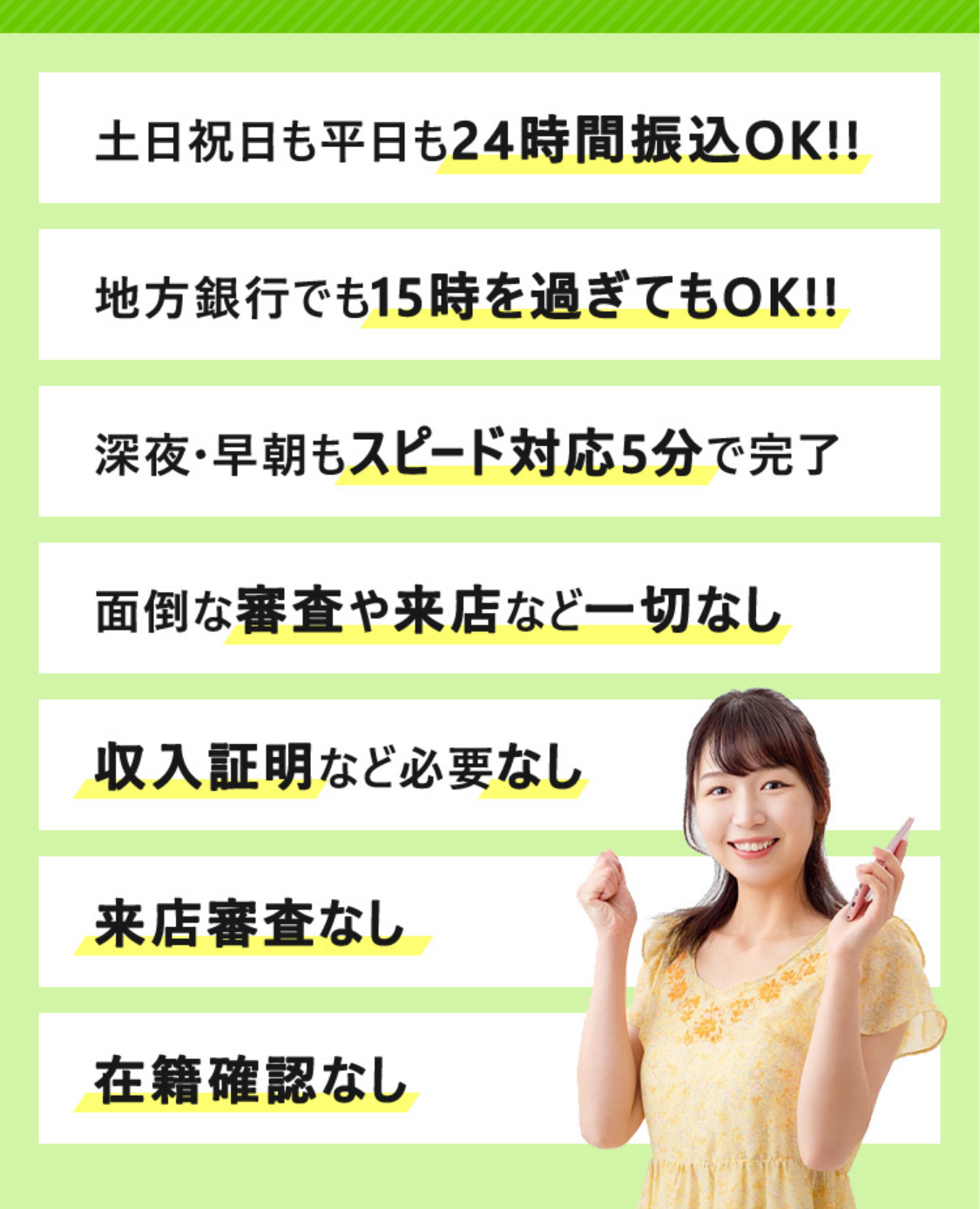 タイムリー現金化公式サイトの掲示。土日祝日も平日も24時間振込OK、地方銀行でも15時を過ぎてもOK、深夜・早朝もスピード対応5分、審査や来店なし、収入証明不要、来店審査なし、在籍確認なし
