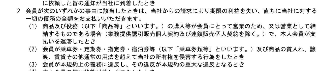 ビューカード会員規約 第18条第2項。会員が乗車券・定期券・指定券・宿泊券等および商品の質入れ、譲渡、賃貸その他通常の用法を超えて当社の所有権を侵害する行為をしたときは、当社からの請求により期限の利益を失うと定めている