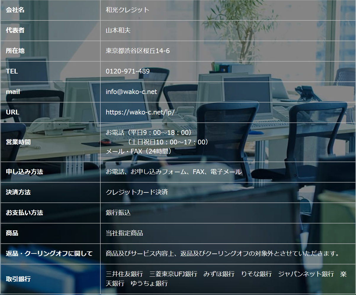 和光クレジット公式サイトの会社概要。会社名和光クレジット、代表者山本和夫、所在地東京都渋谷区桜丘14-6、TEL 0120-971-489、営業時間は電話が平日9時〜18時・土日祝10時〜17時でメール・FAXは24時間、申込方法は電話・フォーム・FAX・メール