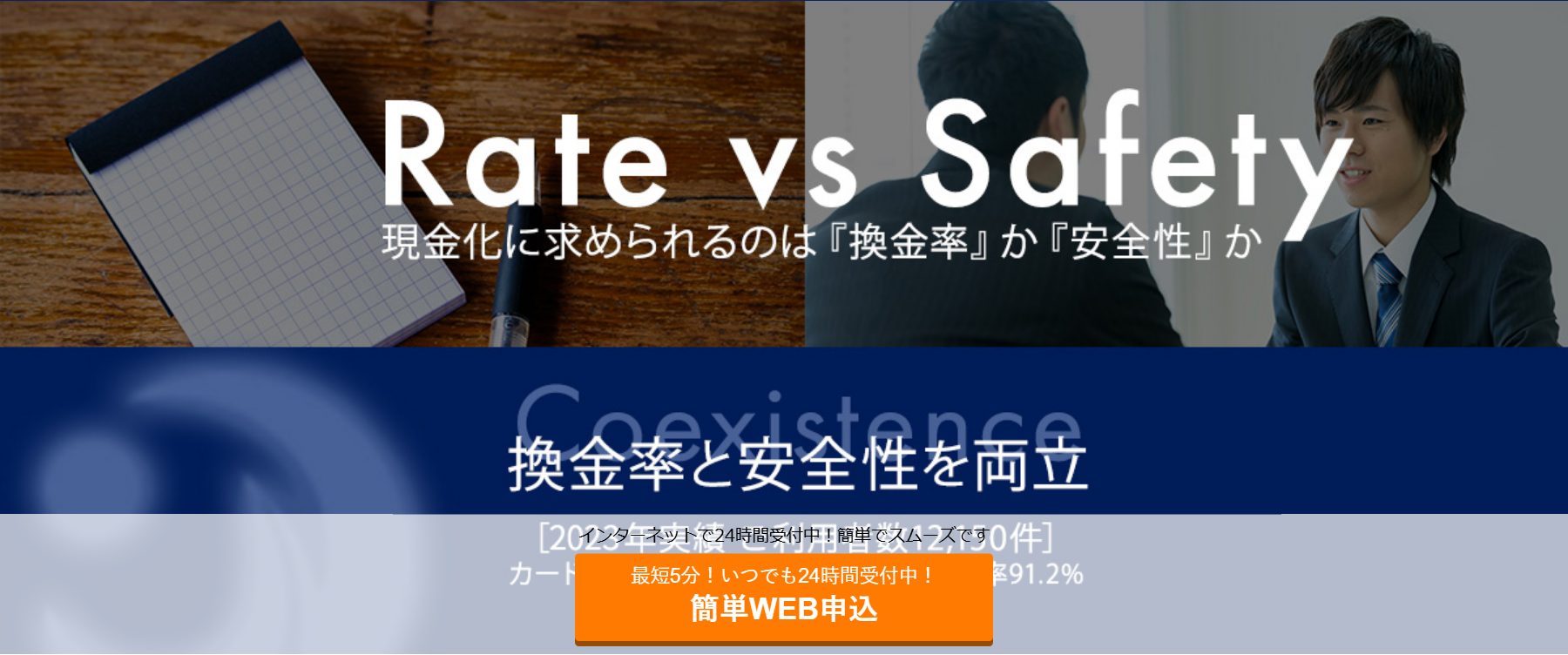 和光クレジット公式サイトの「換金率と安全性を両立」の掲示。2023年実績の利用者数12,150件、カード事故0件、平均換金率91.2%