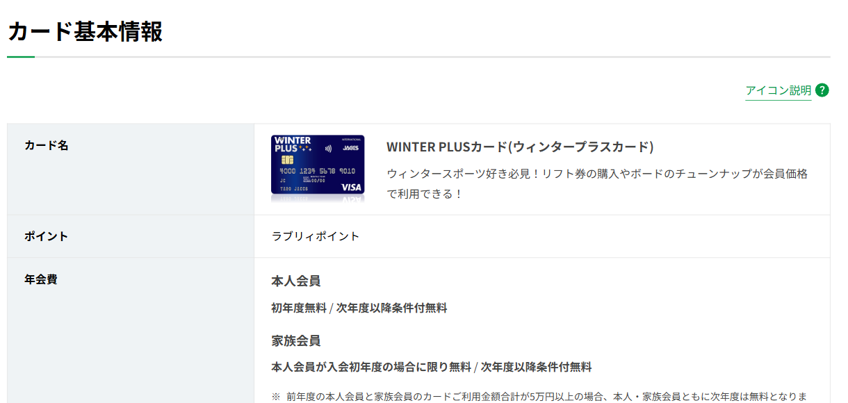 WINTER PLUSカードのカード基本情報（ポイント・年会費）
