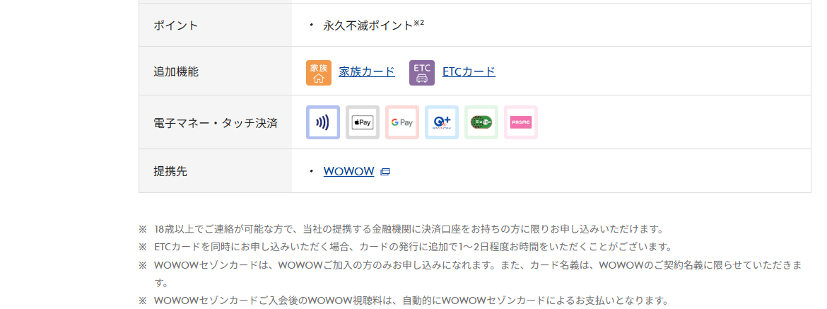WOWOWセゾンカードのページの基本情報（ポイント・提携先）