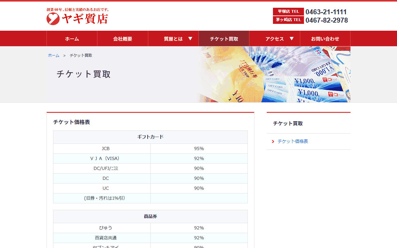 ヤギ質店のチケット価格表