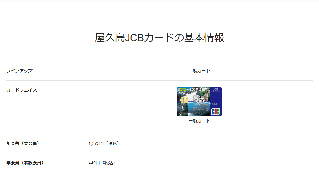 JCBの屋久島JCBカードのページの基本情報。年会費などを記載している