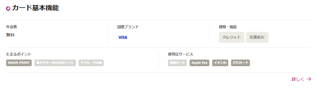 イオンカード Kitacaのカード基本機能（年会費・国際ブランド・たまるポイント）