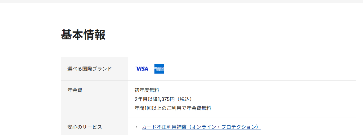 Beisiaセゾンカードのページの基本情報。年会費などを記載している